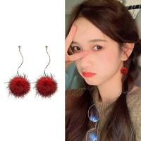 Zinc Alloy Drop Earring, with Plush, Round, gold color plated, with fluffy ball & Korean style & for woman, 100mm 