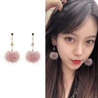 Zinc Alloy Drop Earring, with Plush, Round, gold color plated, with fluffy ball & Korean style & for woman 70mm 