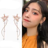 Zinc Alloy Asymmetric Earrings, with Plastic Pearl, sterling silver post pin, Moon and Star, rose gold color plated, Korean style & for woman & with rhinestone, 58mm 