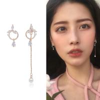 Zinc Alloy Asymmetric Earrings, with Plastic Pearl, rose gold color plated, Korean style & for woman & with rhinestone, 60mm 