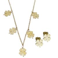 Fashion Stainless Steel Jewelry Sets, Stud Earring & necklace, with 2Inch extender chain, Four Leaf Clover, gold color plated, fashion jewelry & oval chain & for woman 1.5mm Approx 17.5 Inch 