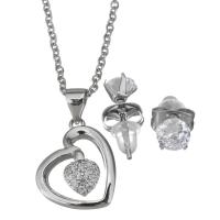 Cubic Zirconia Stainless Steel Jewelry Sets, Stud Earring & necklace, with rubber earnut, with 2Inch extender chain, Heart, oval chain & micro pave cubic zirconia & for woman, original color 1.5mm,5mm Approx 17 Inch 