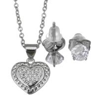 Cubic Zirconia Stainless Steel Jewelry Sets, Stud Earring & necklace, with rubber earnut, with 2Inch extender chain, Heart, oval chain & micro pave cubic zirconia & for woman, original color 1.5mm,5mm Approx 17 Inch 