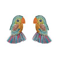 Zinc Alloy Tassel Earring, with Cotton Thread, Parrot, gold color plated, for woman & with rhinestone 76*39mm 