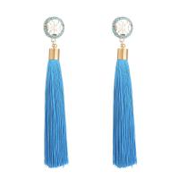 Zinc Alloy Tassel Earring, with Cotton Thread, gold color plated, for woman & with rhinestone 15mm,110-115mm 