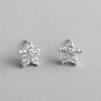 Sterling Silver Stud Earring, Argent sterling 925, argent pur puce boucle d'oreille, Fleur de prunier, Plaqué de platine, bijoux de mode & pavé de micro zircon & pour femme, 6.8mm, Vendu par paire