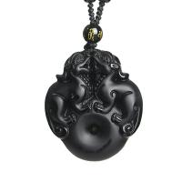 Obsidian Sweater Necklace, Mythical Wild Animal, Carved, Unisex black Approx 31.4 Inch 