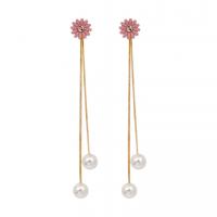 Boucle d'oreille en alliage de zinc en plastique perle, avec perle de plastique, pour femme, rose, 11cm, Vendu par paire