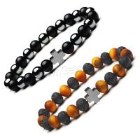 Tiger Eye Stone Bracelets, with Lava & Hematite & Black Agate & Zinc Alloy, Round, polished & Unisex, 8mm Approx 7.3 Inch 