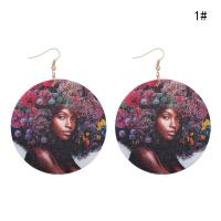 Boucle d'oreille en bois, avec alliage de zinc, Plat rond, impression, bijoux de mode & modèles différents pour le choix & pour femme, 60mm, Vendu par paire