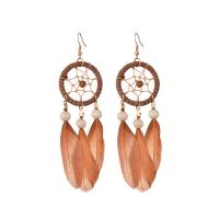 Dreamcatcher Earring, alliage de zinc, avec plume & corde de laine & bois, Attrapeur de rêves, Placage de couleur d'or, Style bohème & pour femme, plus de couleurs à choisir Vendu par paire