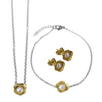 Fashion Stainless Steel Jewelry Sets, Stud Earring & bracelet & necklace, with Plastic Pearl, with 2Inch,1Inch extender chain, Flower, plated, oval chain & for woman 1.5mm 1.5mm Approx 17.5 Inch, Approx 7.5 Inch 