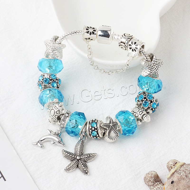 Europa gemischt Kristall Armbänder, Zinklegierung, mit Lampwork, plattiert, verschiedene Größen vorhanden & Micro pave Zirkonia & für Frau, blau, verkauft von Strang