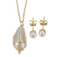 Fashion Stainless Steel Jewelry Sets, Stud Earring & necklace, with brass bail & Plastic Pearl, gold color plated, oval chain & for woman 1.5mm,6mm Approx 17 Inch 