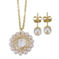 Fashion Stainless Steel Jewelry Sets, Stud Earring & necklace, with brass bail & Plastic Pearl, gold color plated, oval chain & for woman 1.5mm,6mm Approx 17 Inch 