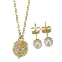 Fashion Stainless Steel Jewelry Sets, Stud Earring & necklace, with brass bail & Plastic Pearl, gold color plated, oval chain & for woman 1.5mm,6mm Approx 17 Inch 