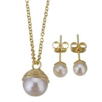 Fashion Stainless Steel Jewelry Sets, Stud Earring & necklace, with brass bail & Plastic Pearl, gold color plated, oval chain & for woman 1.5mm,6mm Approx 17 Inch 