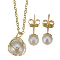 Fashion Stainless Steel Jewelry Sets, Stud Earring & necklace, with brass bail & Plastic Pearl, gold color plated, oval chain & for woman 1.5mm,6mm Approx 17 Inch 