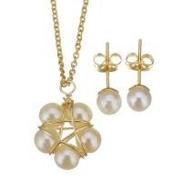 Fashion Stainless Steel Jewelry Sets, Stud Earring & necklace, with brass bail & Plastic Pearl, gold color plated, oval chain & for woman 1.5mm,6mm Approx 17 Inch 