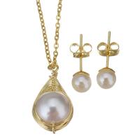 Fashion Stainless Steel Jewelry Sets, Stud Earring & necklace, with brass bail & Plastic Pearl, gold color plated, oval chain & for woman 1.5mm,6mm Approx 17 Inch 