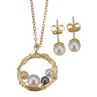 Fashion Stainless Steel Jewelry Sets, Stud Earring & necklace, with brass bail & Plastic Pearl, gold color plated, oval chain & for woman 1.5mm,6mm Approx 17 Inch 