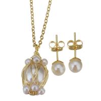 Fashion Stainless Steel Jewelry Sets, Stud Earring & necklace, with brass bail & Plastic Pearl, gold color plated, oval chain & for woman 1.5mm,6mm Approx 17 Inch 