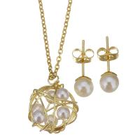 Fashion Stainless Steel Jewelry Sets, Stud Earring & necklace, with brass bail & Plastic Pearl, gold color plated, oval chain & for woman 1.5mm,6mm Approx 17 Inch 