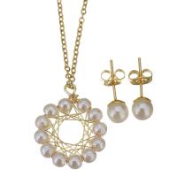 Fashion Stainless Steel Jewelry Sets, Stud Earring & necklace, with brass bail & Plastic Pearl, gold color plated, oval chain & for woman 1.5mm,6mm Approx 17 Inch 