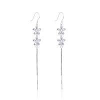 Moda flecos pendientes, Plata de ley 925, Flor, chapado en platina real, para mujer & hueco, 10.5x86.2mm, Vendido por Par