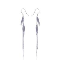 Moda flecos pendientes, Plata de ley 925, Hoja, chapado en platina real, Joyería & para mujer, 6x75.2mm, Vendido por Par