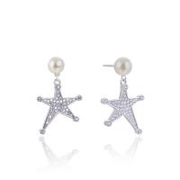 Silver Earring Zircon pavent Sterling, Argent sterling 925, avec Shell Pearl, étoile, Placage de couleur argentée, avec earnut en plastique & pavé de micro zircon & pour femme Vendu par paire