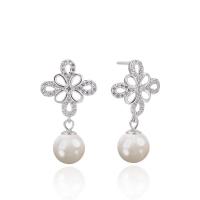 Silver Earring Zircon pavent Sterling, Argent sterling 925, avec Shell Pearl, Motif géométrique, Placage de couleur argentée, avec earnut en plastique & pavé de micro zircon & pour femme & creux 8.6mm, Vendu par paire