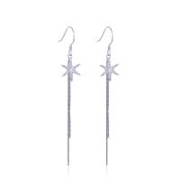 Moda flecos pendientes, Plata de ley 925, Hexagrama, chapado en platina real, micro arcilla de zirconia cúbica & para mujer, 10x77.2mm, Vendido por Par