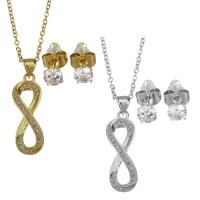 Cubic Zirconia Stainless Steel Jewelry Sets, Stud Earring & necklace, with 1.5 inch extender chain, plated, 2 pieces & micro pave cubic zirconia & for woman & hollow 1.5mm,5mm Approx 17 Inch 