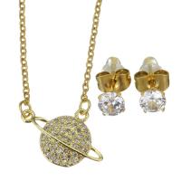 Cubic Zirconia Stainless Steel Jewelry Sets, Stud Earring & necklace, with 1.5 inch extender chain, gold color plated, 2 pieces & micro pave cubic zirconia & for woman & hollow, metallic color plated 1.5mm,5mm Approx 17 Inch 