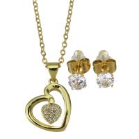 Cubic Zirconia Stainless Steel Jewelry Sets, Stud Earring & necklace, with 1.5 inch extender chain, Heart, gold color plated, 2 pieces & micro pave cubic zirconia & for woman & hollow, metallic color plated 1.5mm,5mm Approx 17 Inch 