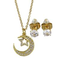 Cubic Zirconia Stainless Steel Jewelry Sets, Stud Earring & necklace, with 1.5 inch extender chain, Moon and Star, gold color plated, 2 pieces & micro pave cubic zirconia & for woman, metallic color plated 1.5mm,5mm Approx 17 Inch 