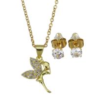 Cubic Zirconia Stainless Steel Jewelry Sets, Stud Earring & necklace, with 1.5 inch extender chain, gold color plated, 2 pieces & micro pave cubic zirconia & for woman, metallic color plated 1.5mm,5mm Approx 17 Inch 