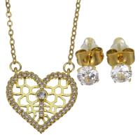 Cubic Zirconia Stainless Steel Jewelry Sets, Stud Earring & necklace, with 1.5 inch extender chain, Heart, gold color plated, 2 pieces & micro pave cubic zirconia & for woman & hollow, metallic color plated 1.5mm,5mm Approx 17 Inch 