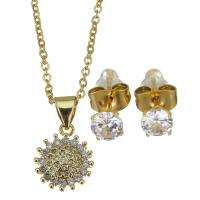 Cubic Zirconia Stainless Steel Jewelry Sets, Stud Earring & necklace, with 1.5 inch extender chain, gold color plated, 2 pieces & micro pave cubic zirconia & for woman, metallic color plated 1.5mm,5mm Approx 17 Inch 