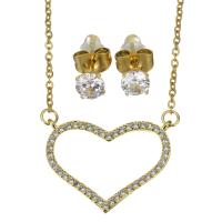 Cubic Zirconia Stainless Steel Jewelry Sets, Stud Earring & necklace, with 1.5 inch extender chain, Heart, gold color plated, 2 pieces & micro pave cubic zirconia & for woman & hollow, metallic color plated 1.5mm,5mm Approx 17 Inch 