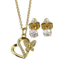 Cubic Zirconia Stainless Steel Jewelry Sets, Stud Earring & necklace, with 1.5 inch extender chain, gold color plated, 2 pieces & micro pave cubic zirconia & for woman & hollow, metallic color plated 1.5mm,5mm Approx 17 Inch 