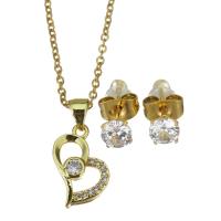 Cubic Zirconia Stainless Steel Jewelry Sets, Stud Earring & necklace, with 1.5 inch extender chain, gold color plated, 2 pieces & micro pave cubic zirconia & for woman & hollow, metallic color plated 1.5mm,5mm Approx 17 Inch 