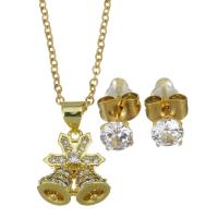 Cubic Zirconia Stainless Steel Jewelry Sets, Stud Earring & necklace, with 1.5 inch extender chain, gold color plated, 2 pieces & micro pave cubic zirconia & for woman & hollow, metallic color plated 1.5mm,5mm Approx 17 Inch 