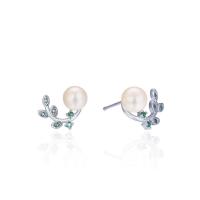 Silver Earring Zircon pavent Sterling, Argent sterling 925, avec Shell Pearl, feuille, Plaqué de platine, avec earnut en plastique & pavé de micro zircon & pour femme 6mm, Vendu par paire