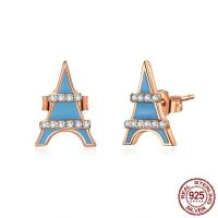 Silver Earring Zircon pavent Sterling, Argent sterling 925, Tour Eiffel, Plaqué de couleur d'or rose, pavé de micro zircon & pour femme & émail Vendu par paire