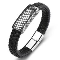 PU Leather Cord Bracelets, Stainless Steel, with PU Leather, fashion jewelry, black 