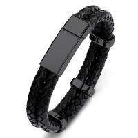 PU Leather Cord Bracelets, Stainless Steel, with PU Leather, fashion jewelry, black 