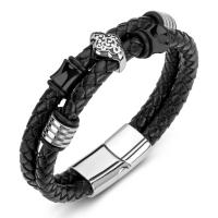 PU Leather Cord Bracelets, Stainless Steel, with PU Leather, fashion jewelry, black 