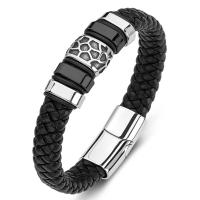 PU Leather Cord Bracelets, Titanium Steel, with PU Leather, Unisex, black 